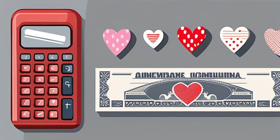 Pila de billetes junto a una calculadora rodeada de corazones rotos