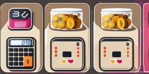 Calculadora con monedas y alimentos en cajas