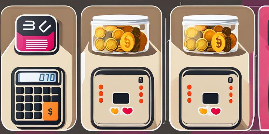Calculadora con monedas y alimentos en cajas