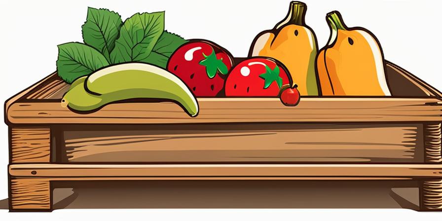 Canasta de frutas y verduras frescas en mesa de madera