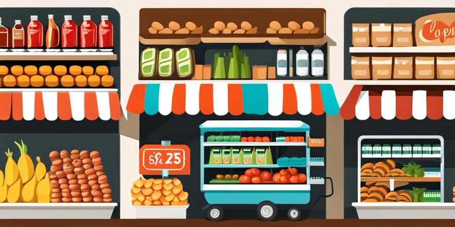 Carrito de supermercado con alimentos y calculadora de precios