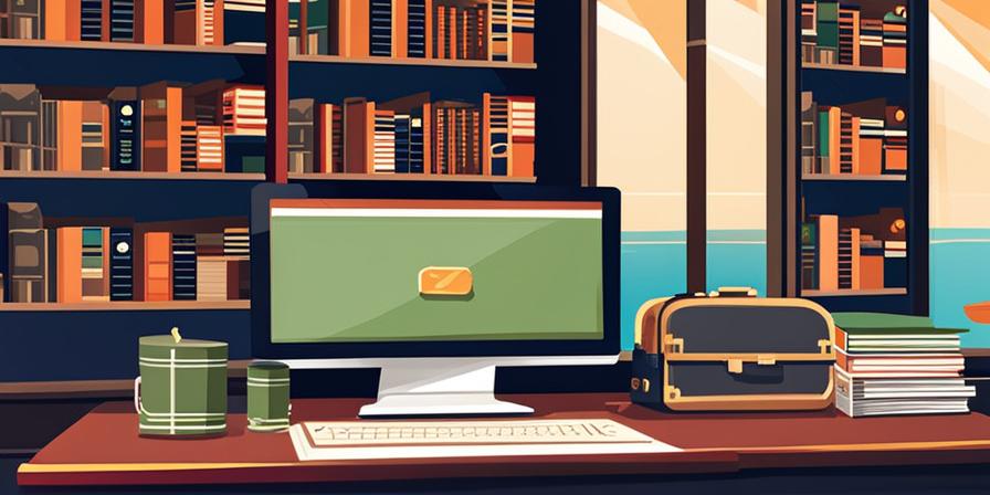 Escritorio con computadora y libros, rodeado de dinero