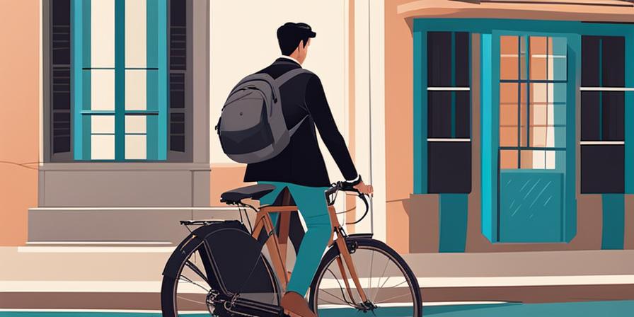 Estudiante sonriente con mochila en bicicleta