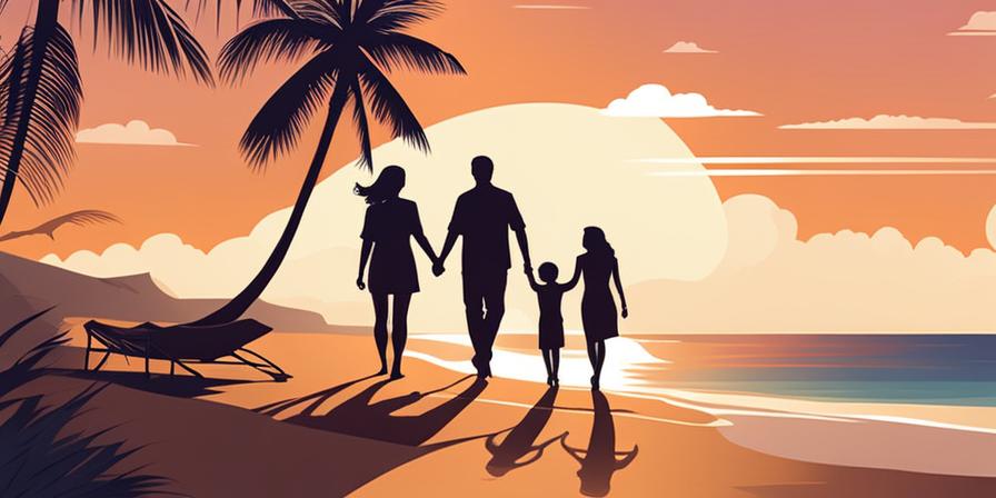 Familia feliz explorando mapa en playa