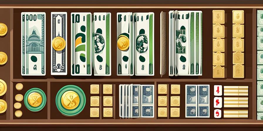 Juego de mesa con billetes de papel y monedas ilustradas