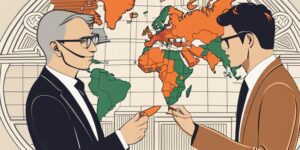 Dos manos entrelazadas sosteniendo mapa mundial, representando planificación y unión en búsqueda de metas financieras a largo plazo