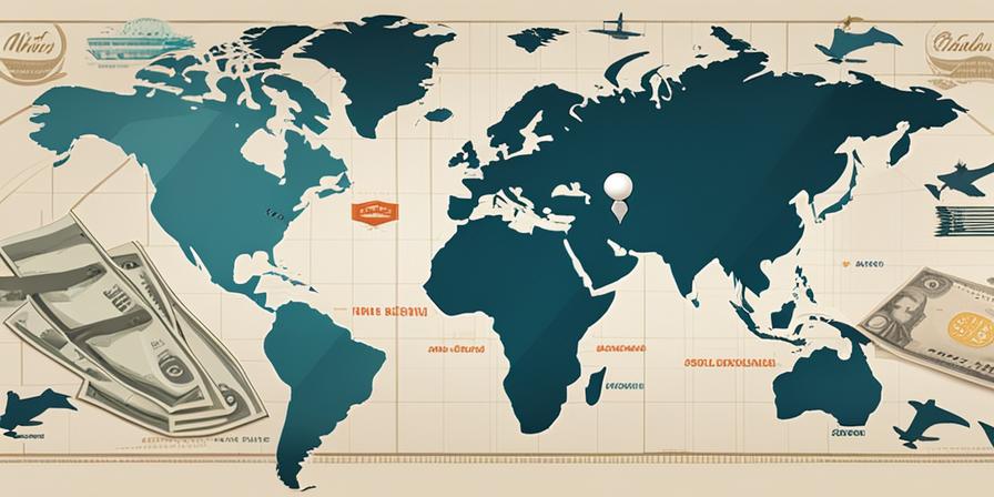 Mapa del mundo con billetes de avión y una alcancía