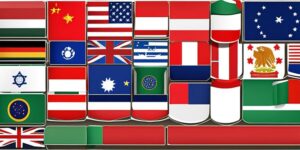 Banderas de países emergentes con gráficos financieros