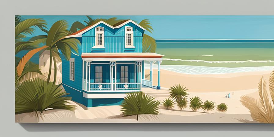 Hermosa casa de playa con letrero de "Alquiler" en un ambiente paradisíaco