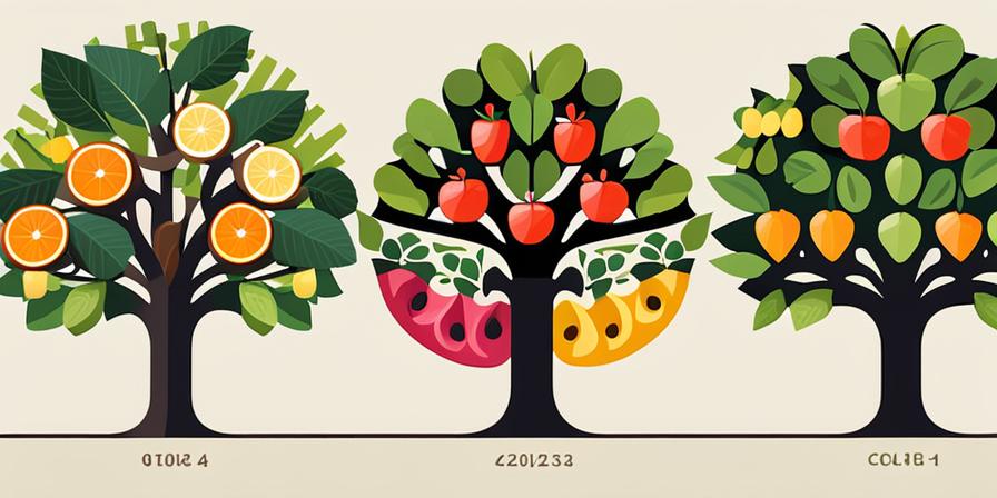 Árbol frutal con ramas entrelazadas y diversas frutas