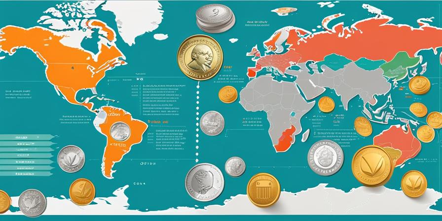Mapa del mundo con áreas coloreadas y monedas superpuestas